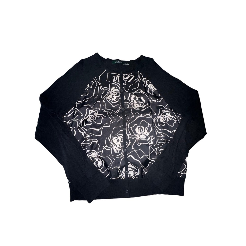 Lauren Ralph‎ Lauren Silk Front Floral Cardigan Sweater Black Cream XL